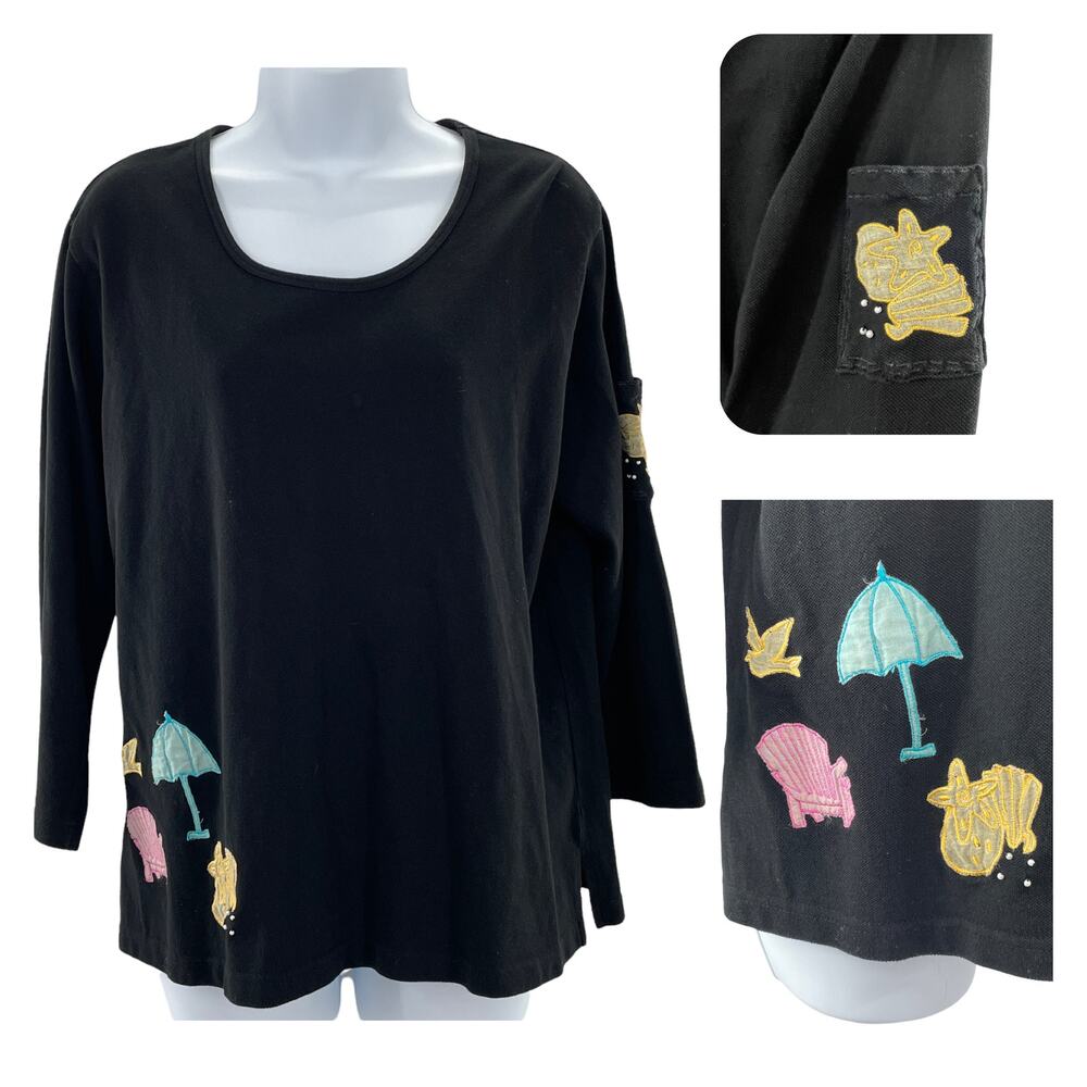 Cotton Connection Black Cotton Beach Summer Vacation Appliques Scoop Neck Top L